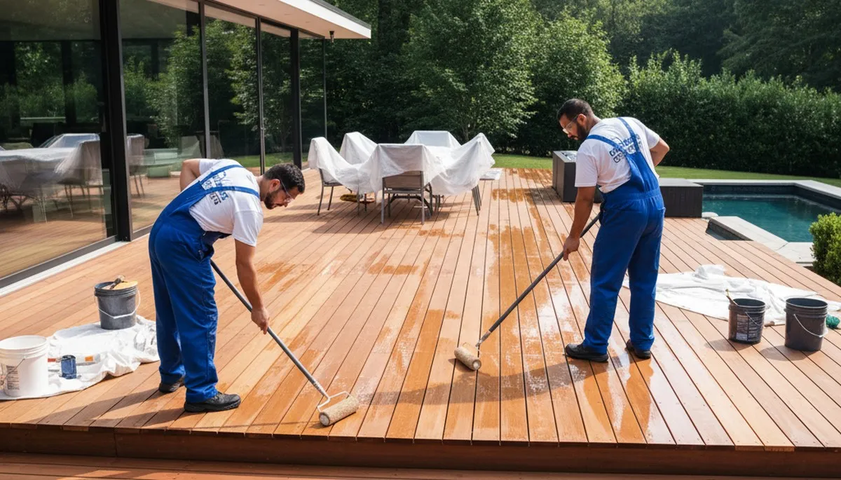 Fort Collins Paint Pros sealing a wood deck in Fort Collins, CO for weather protection